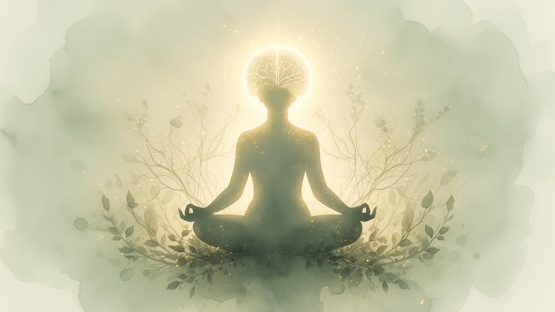 Meditative figure illuminated by golden light, symbolizing whole-brain integration